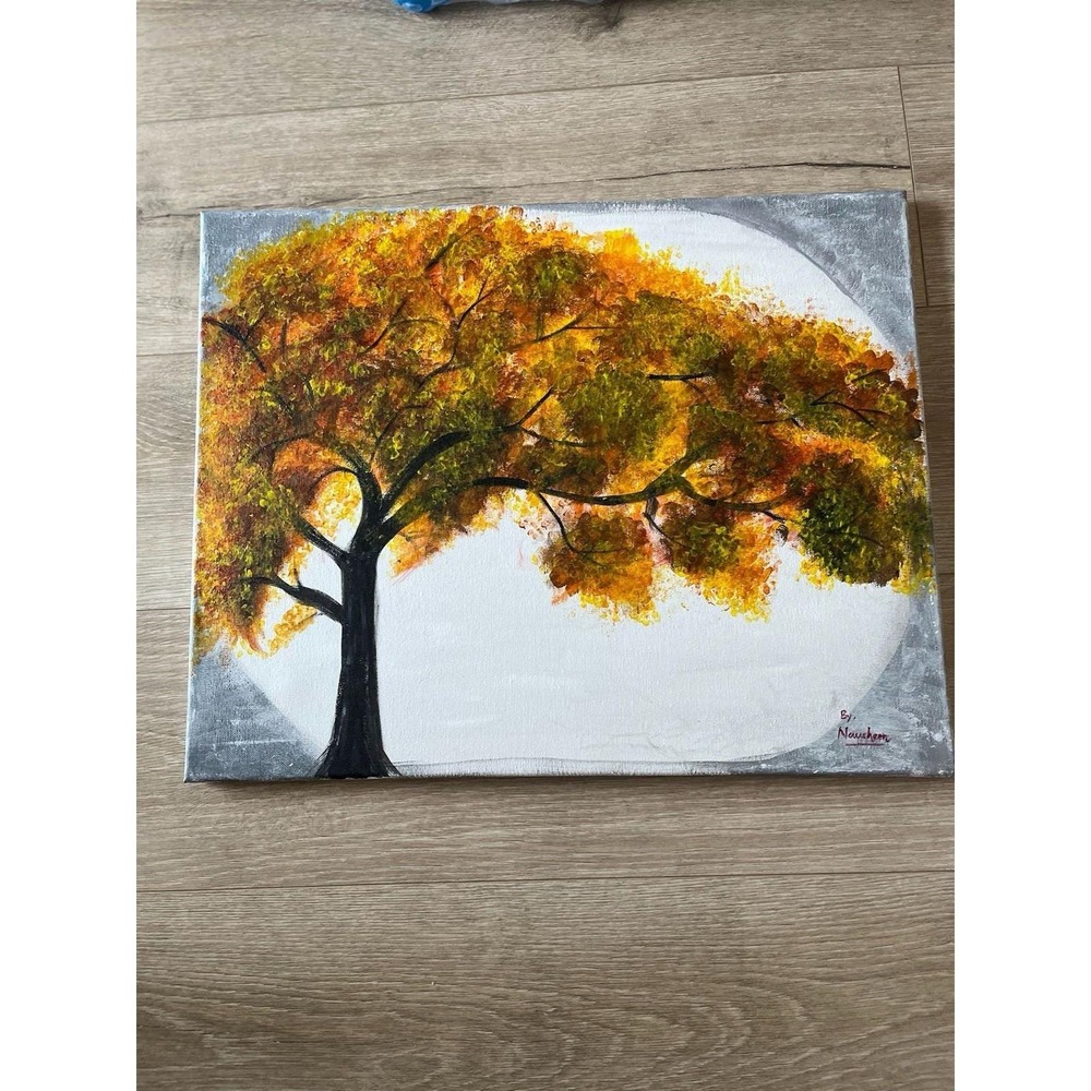 Acrylic Canvas Painting Lonely Autumn Yellow Green White H x 16 ,‎ W x 20 Inches - Picture 2 of 8